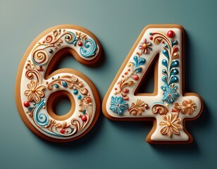 Decorated cookie, number 64, illustration for birthday or anniversary celebration