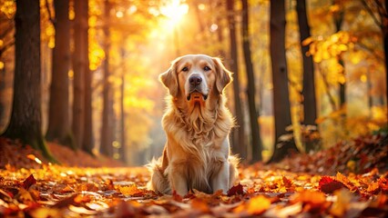 Wall Mural - A Golden Retriever Sits Serene Amidst the Vibrant Hues of Autumn in a Sun-Dappled Forest, Its Eyes Reflecting the Warmth of the Season