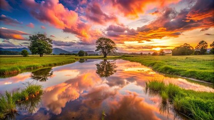 Wall Mural - A lone tree stands sentinel in a grassy field, its silhouette mirrored in the still waters of a stream, reflecting the vibrant hues of a breathtaking sunset.