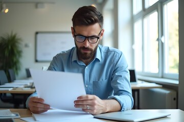 Young busy latin professional business man checking document working at laptop computer in office. Serious businessman accountant expert reading legal paper company file overview at workplace