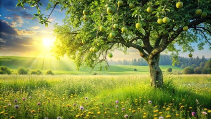 Poster - A Lone Tree Standing Tall, Its Branches Laden with Fruit, Bathed in the Golden Glow of a Setting Sun, Surrounded by a Field of Vibrant Wildflowers