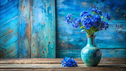 Sticker - A vase of blue blossoms adorns a rustic wooden table with a faded blue backdrop.