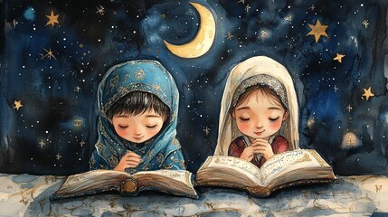 Beautiful watercolor illustration of two kids in traditional attire reading the Quran during Ramadan, set against a starry sky and crescent moon.