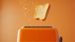 © Morning - A slice of toasted bread floats above an orange toaster with crumbs falling.