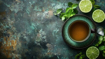 Wall Mural - Tea cup with lime slices and fresh herbs, vibrant textured background