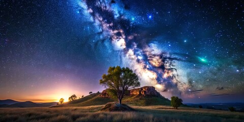 Wall Mural - A solitary tree stands sentinel on a grassy hill, the milky way shimmering above, painting the night sky with its celestial tapestry.