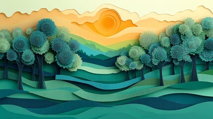 Whimsical paper-cut forest illustration featuring green trees and a natural landscape, representing the changing seasons and solar terms with artistic flair.