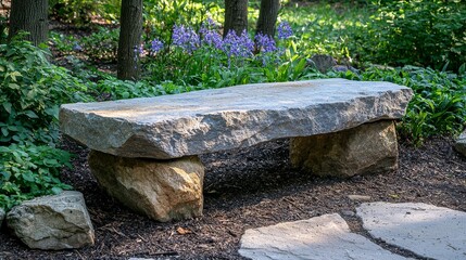 A rustic stone bench placed in a lush garden surrounded by greenery and blooming flowers, inviting relaxation in nature.