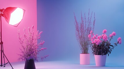 Two potted plants with lavender and pink flowers in front of a pink and blue wall. A studio light is on the left.