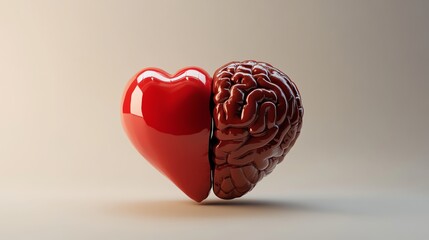 A red heart and a brown brain are placed together to form a heart shape, suggesting the connection between emotion and thought.