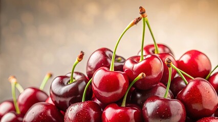 Canvas Print - A Pile of Vibrant Cherries with Glossy Skin and Green Stems, Ready to Be Enjoyed