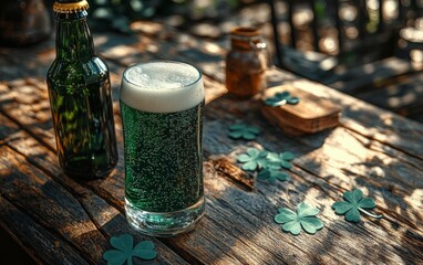 Wall Mural - A refreshing green beverage sits on a wooden table with shamrock decorations in a festive setting