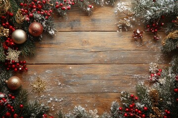 Festive decorations on rustic wooden background with Christmas ornaments and greenery