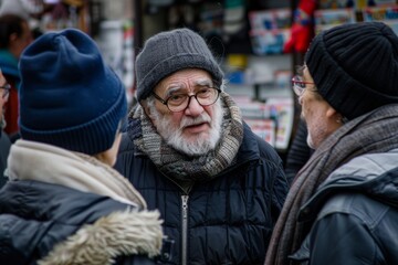 Old man with grey beard and glasses on the street.