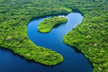 a small lake with a few islands in the water with green view