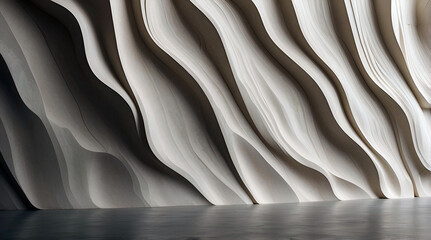 Wavy Plaster Wall Panels With Deep Grooves Creating A Flowing Organic Look Ideal For Modern Architectural Interiors