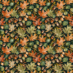 Seamless Autumn forest pattern with leaves and acorns. Pattern for wallpaper, background, print on fabric and paper.