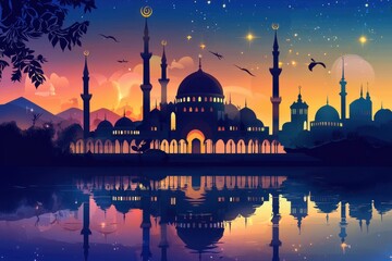 A vibrant sunset scene featuring a grand mosque with minarets, reflected in calm water, surrounded by mountains and a starry sky.