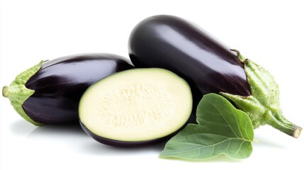 Two fresh eggplants with green leaves on a white background healthy organic produce. Generative AI