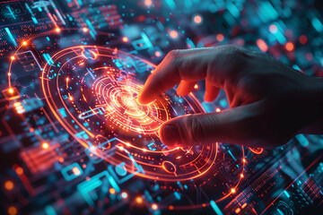 Wall Mural - a futuristic and high-tech scene featuring a hand interacting with advanced digital interface and gl
