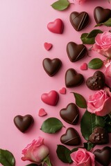 Delicate roses and assorted chocolates create a romantic display on a pink background