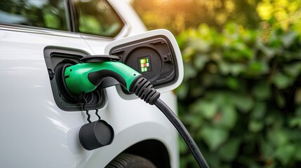 A close-up of an electric vehicle charging, highlighting the green charging cable and the car's port, set against a backdrop of greenery.