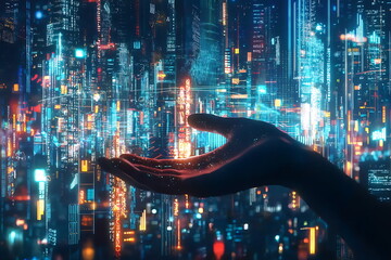 Aufkleber - Futuristic hand reaching out towards a vibrant digital cityscape bridging human connection with technology in an urban future