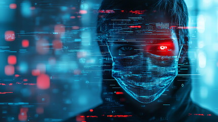 Aufkleber - Futuristic masked figure surrounded by a dynamic digital interface in a high-tech environment reflecting tomorrow's innovations
