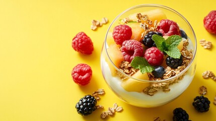 Honeydew melon and berry parfait, isolated on a bright yellow background with decorative granola and mint sprigs