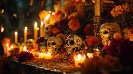 Festive Display of Colorful Skulls and Candles