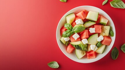 Honeydew melon salad with watermelon and feta, isolated on a bright red backdrop with decorative basil leaves