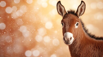 A close-up of a cute foal against a softly blurred golden bokeh background.