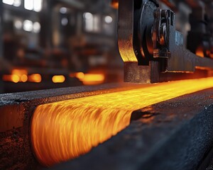 Heavy machinery at work in a metal production facility, gritty industrial vibe, energetic movement, and precise illumination.