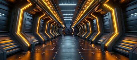 The dark background of the interior space of a science fiction room with a bright neon orange color. 3D illustration.