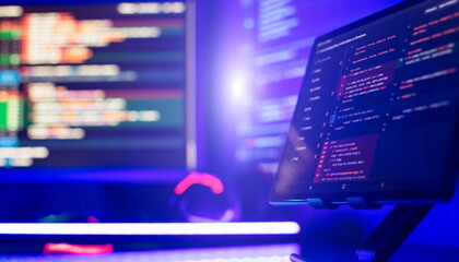 Wall Mural - coding script text on screen. abstract computer script about big data and blockchain database.