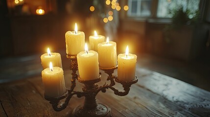 Menorah candles flicker softly in a dimly lit room, creating a warm ambiance with rich textures and a sense of tranquility.