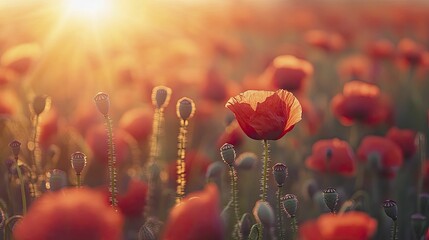 Sticker - Remembrance Day poppy field at sunrise, peaceful mood, natural textures, soft warm light