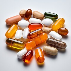 Assorted vitamins and supplements, white isolated background