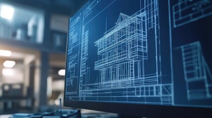 A close-up view of a computer monitor displaying a 3D model of a house with blueprint lines.