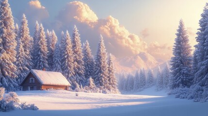 Wall Mural - Winter landscape with snow-covered trees and a distant cabin, peaceful mood, soft lighting, plenty of space in the sky for text