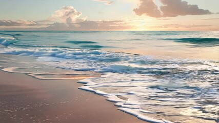 Wall Mural - Tranquil Beach Sunset Gentle Waves Lapping at Shore, Soft Clouds Reflecting Warm Colors in Sky, Creating Peaceful Horizon Over Ocean.