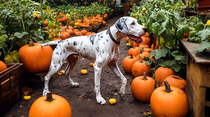 a playful great dane puppy exploring a pumpkin patch at a fall harvest market