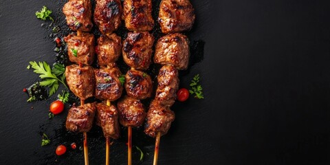 Wall Mural - Delicious grilled meat skewers arranged beautifully on a dark background. Perfect for food lovers and chefs. Ideal for restaurant menus and culinary blogs. AI