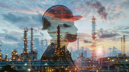 Double exposure Engineers holding safety helmet in arms and gas refinery background