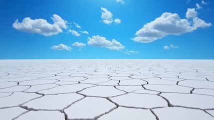 Barren cracked earth under a bright blue sky with fluffy clouds.