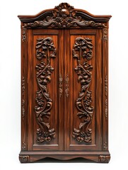 Wall Mural - Vintage wardrobe, antique furniture, ornate carvings, dark mahogany wood, isolated on white background 