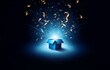 © joeycheung - A blue gift box is open with light and gold confetti streaming from it.