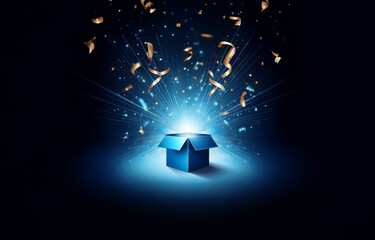 A blue gift box is open with light and gold confetti streaming from it.