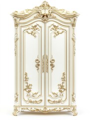 Canvas Print - Classic French-style wardrobe, ornate details, soft white finish, gold accents, isolated on white background 