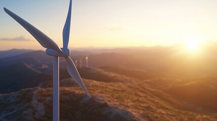 A close-up of a wind turbine against a stunning sunset over a mountain range.